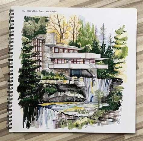 Fallingwater house | Architecture drawing sketchbooks, Landscape markers, Landscape drawings