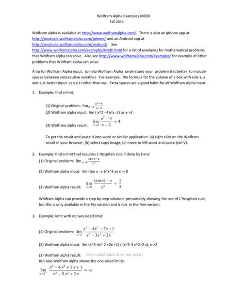 Examples illustrating Wolfram Alpha