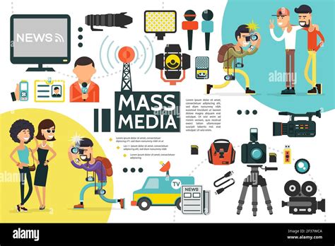 Flat mass media infographic template with reporter id card microphones ...