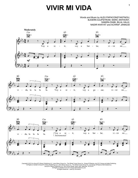 Vivir Mi Vida by Marc Anthony Sheet Music for Piano, Vocal & Guitar Chords (Right-Hand Melody ...