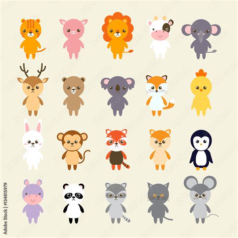 Set of animals cartoon vector illustration. A collection of small lovely and funny animals logo ...