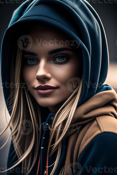 Beautiful portrait of a woman in a hoodie posing for a photo, realistic ...