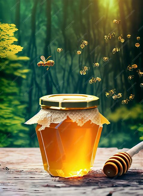 Premium Photo | Honey Jar on the forest Background with some bee