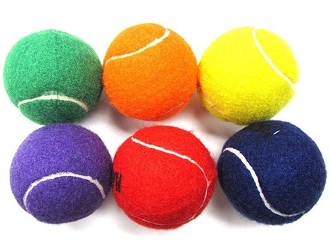 six tennis balls with different colors and sizes