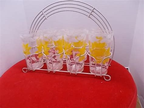 8 VINTAGE SET Mid Century Drinking Glasses tumblers Flower Yellow W/ holder $49.99 - PicClick