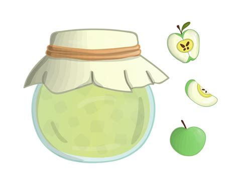 Vector illustration of colored jar with apple jam. Apples, pot with ...