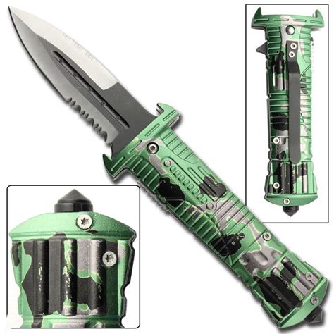 Cloaked in a discrete green camo finish, this spring assisted knife is the ideal tool when you ...