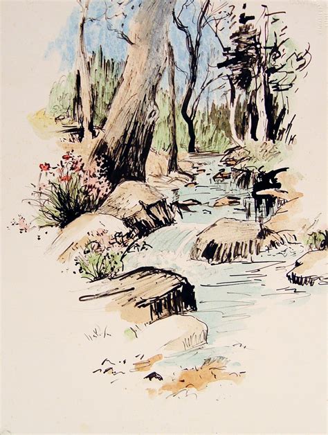 Pen and ink with watercolor wash of a forest stream, circa 1970. Unsigned. On… Ink Pen Drawings ...