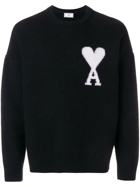 AMI Wool Oversize Ami De Coeur Crewneck Sweater in Black for Men - Lyst