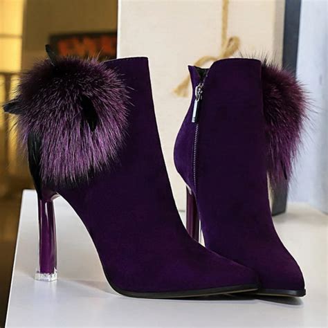 Purple Suede Fur Pom HIgh Stiletto Heels Ankle Boots Shoes ...
