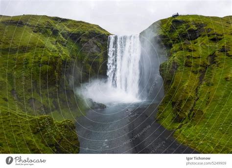 Aerial drone view of Skogafoss waterfall in Iceland, one of the most ...