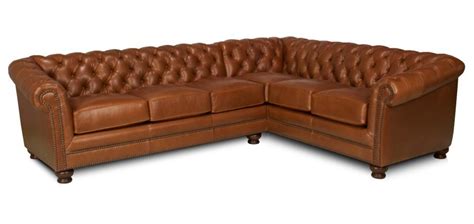 L Shaped Brown Leather Leather Chesterfield Sectional Sofa With Brown Wooden Le… | Brown leather ...