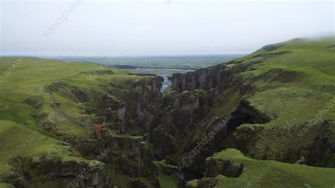 Aerial view of Fjadrargljufur canyon with waterfall, Iceland - Stock ...