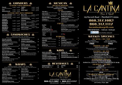 La Cantina Bar And Grill menu in Plainfield, Connecticut, USA