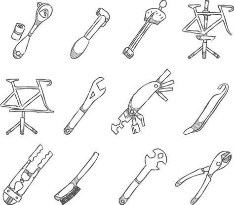 Bike Tools Icons In Sketch Style Prying Tool Wire Cutter Mechanic ...