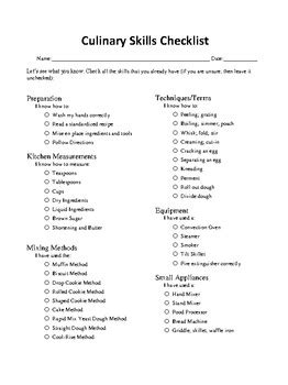 Culinary Skills Checklist by The 3 Heart Cafe | Teachers Pay Teachers