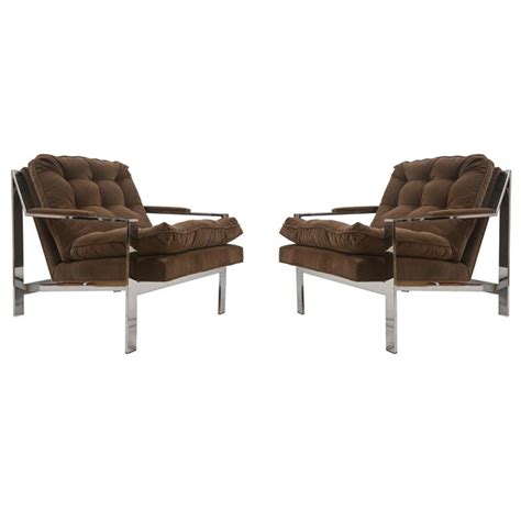 Tufted Milo Baughman Flat Bar Lounge Chairs