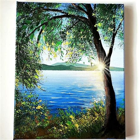 Lake Scenery with Trees Acrylic Painting | art, work of art | Lake ...