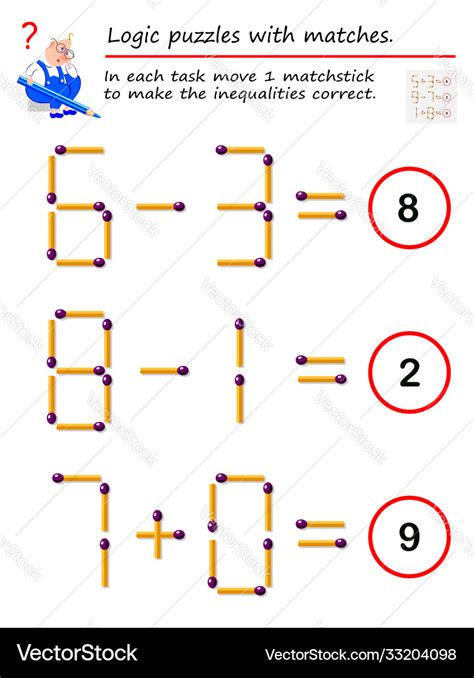 Logical puzzle game with matches in each task Vector Image