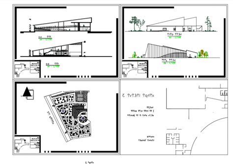 Front and back elevations and section details of art gallery with layout plan dwg file - Cadbull