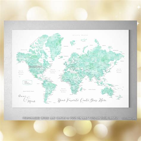 Custom world map with cities, canvas print or push pin map in mint watercolor. "Desie" # ...