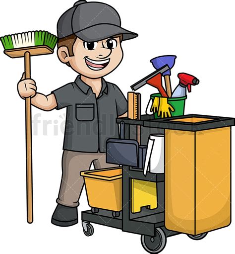 Male Janitor With Cleaning Cart Cartoon Clipart Vector - FriendlyStock