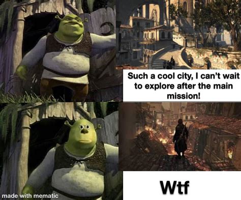 Meme of Shrek coming out of the outhouse and looking shocked with the ...