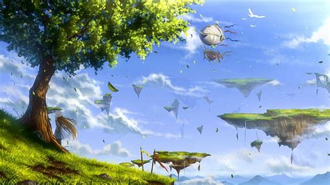 1170x2532px | free download | HD wallpaper: anime, birds, leaves, trees, floating island ...