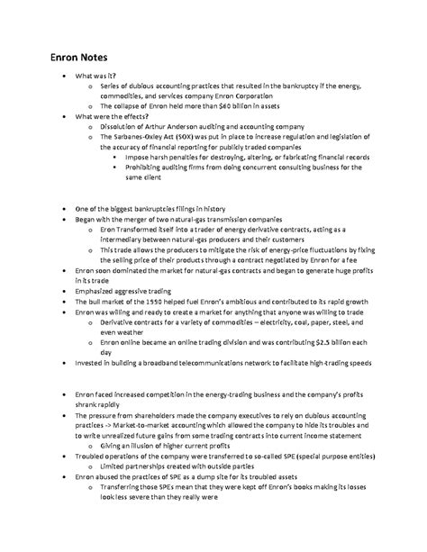 Enron Movie and Class Notes - Enron Notes What was it? o Series of dubious accounting practices ...