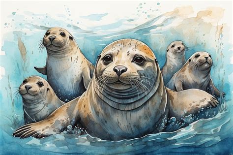 Watercolor Seal Family Art Print Free Stock Photo - Public Domain Pictures