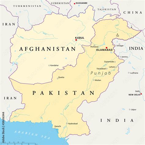 Afghanistan and Pakistan political map with capitals Kabul and Islamabad, with national borders ...