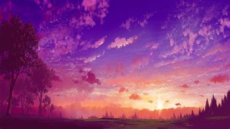 #Anime #Landscape Anime Purple Sunset | ภาพพื้นหลัง, ภาพประกอบ, วอลเปเปอร์