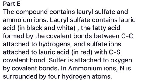 [Solved] Part E Describe the structure of ammonium lauryl sulfate. Refer to... | Course Hero