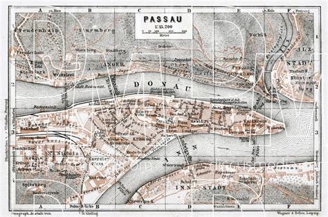 Old map of Passau in 1910. Buy vintage map replica poster print or download picture