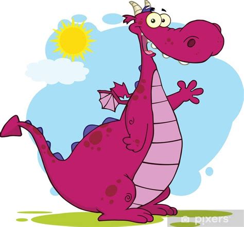 Wall Mural Purple Dragon Cartoon Mascot Character Waving - PIXERS.CA