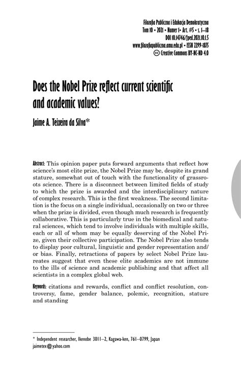 (PDF) Does the Nobel Prize reflect current scientific and academic values?