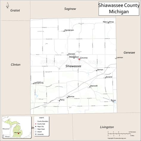 Map of Shiawassee County, Michigan showing cities, highways & important ...