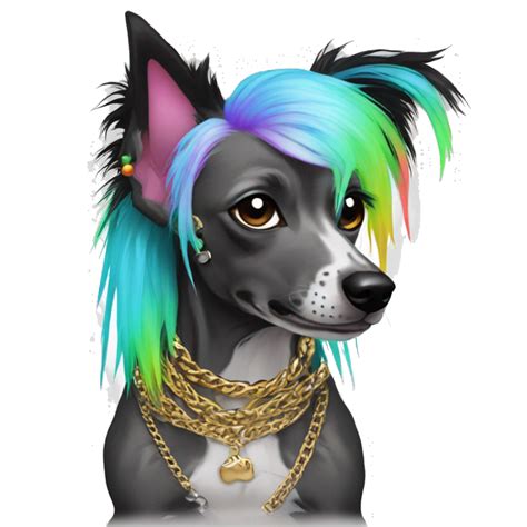 Punk Chinese crested dog neon rainbow cyan green pink hair gold chain punk piercings tattoos ...