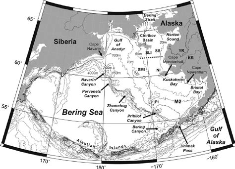 Map of the Bering Sea labeled with place and feature names employed in ...