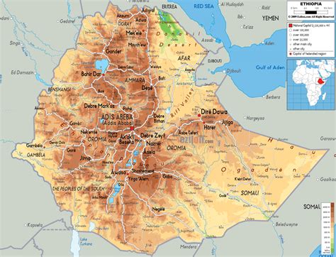 Large physical map of Ethiopia with roads, cities and airports | Ethiopia | Africa | Mapsland ...