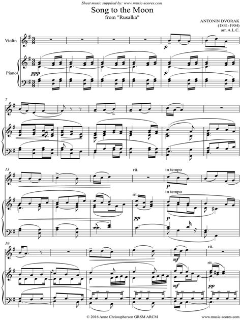 Dvorak. Song to the Moon from Rusalka. Violin classical sheet music