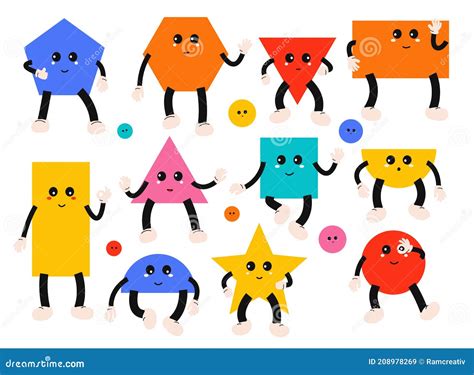 Set of Geometric Shapes Cute Comic Characters with Face Emotions. Funny Cartoon Kids Style Stock ...