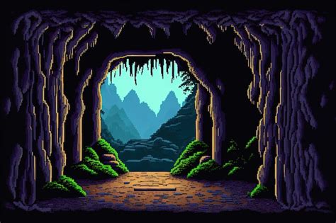 Premium Photo | Pixel art cave entrance natural tunnel with rocks trees and vegetation landscape ...