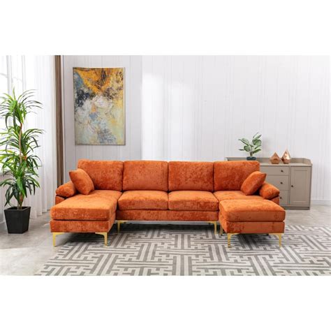 Living Room Sectional Sofa, L-Shaped Upholstered Couch with Movable Ottoman, Convertible Modular ...