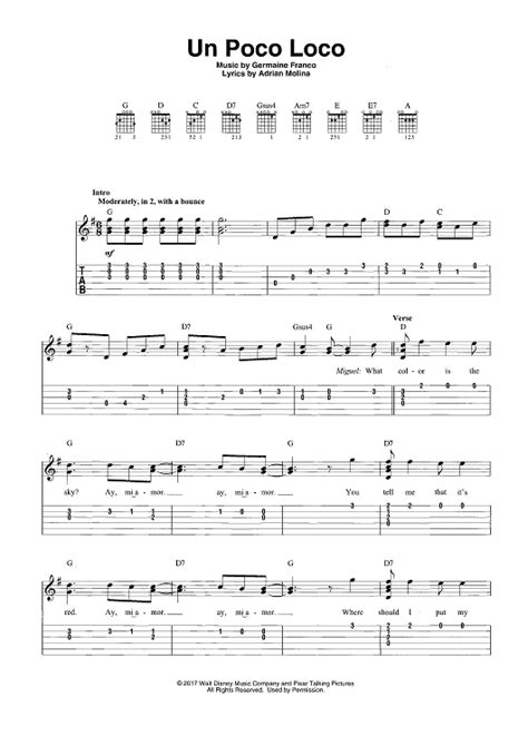 Un Poco Loco - from COCO" Sheet Music for Easy Guitar Tab/Vocal - Sheet Music Now