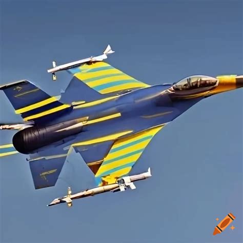 Blue and yellow striped f-16 fighter jet on Craiyon