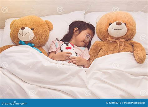 Little Girl Sleeping with Teddy Bear in Bed Stock Photo - Image of ...