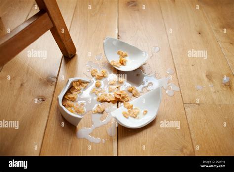 Broken bowl of cereal on wooden floor Stock Photo - Alamy