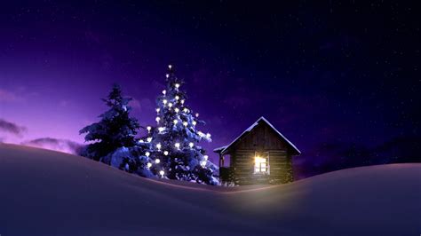 1920x1080 Resolution Christmas Lighted Tree Outside Winter Cabin 1080P Laptop Full HD Wallpaper ...