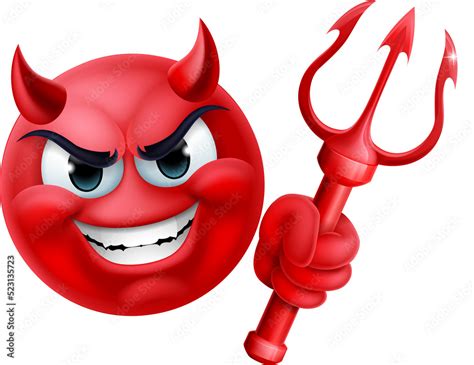 A red devil or satan emoji emoticon man face holding a trident ...